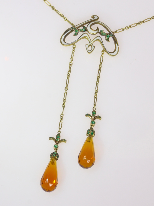 French Art Nouveau enameled necklace with emeralds and citrine briolettes by Artista Sconosciuto