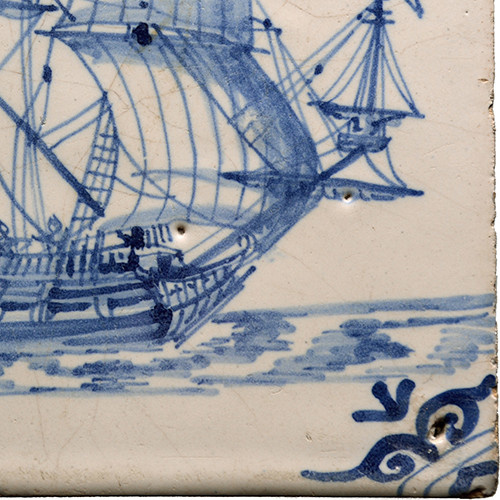 White and blue tile with Dutch merchant ship second half 17th century by Onbekende Kunstenaar