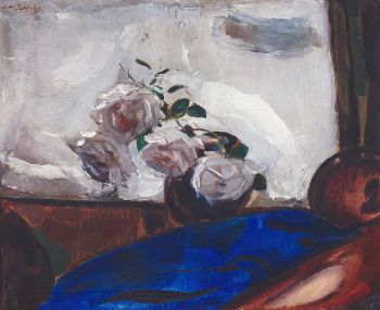 Stilleven met rozen tegen hardblauwe ondergrond, ca. 1925 by Jan Sluijters