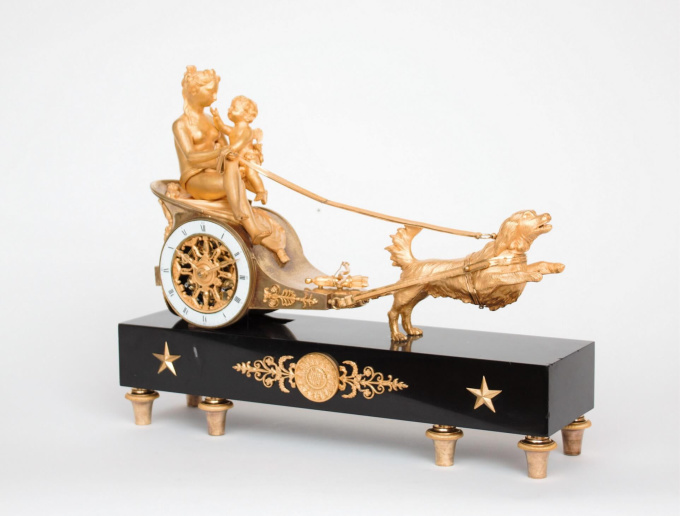 A French empire ormolu and marble chariot mantel clock, circa 1800 by Unknown artist