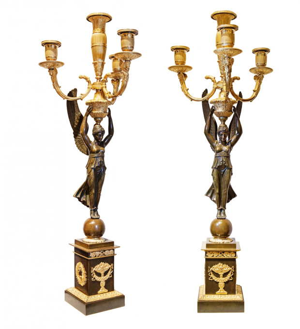 A Pair of French Empire four-light candelabra by Artista Sconosciuto