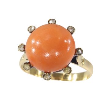 Vintage antique ring with rose cut diamonds and large blood coral by Unknown artist