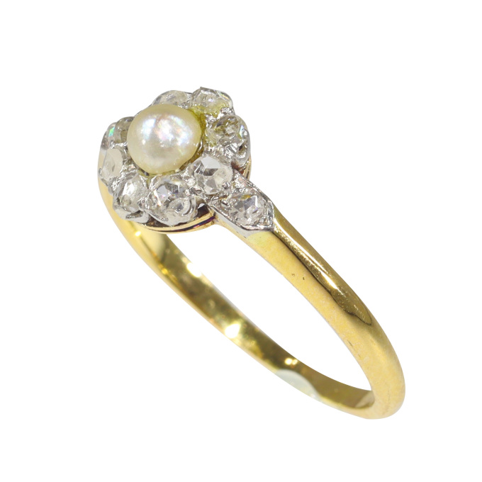 Vintage antique diamond and pearl engagement ring by Unknown Artist