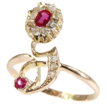 Typical strong design Art Nouveau ruby and diamond ring by Unknown Artist