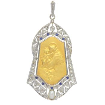 Vintage 1910's medal 18K gold pendant set with diamonds sapphires and pearl St. Anthony of Padua depicted holding the Child Jesus by Artista Sconosciuto