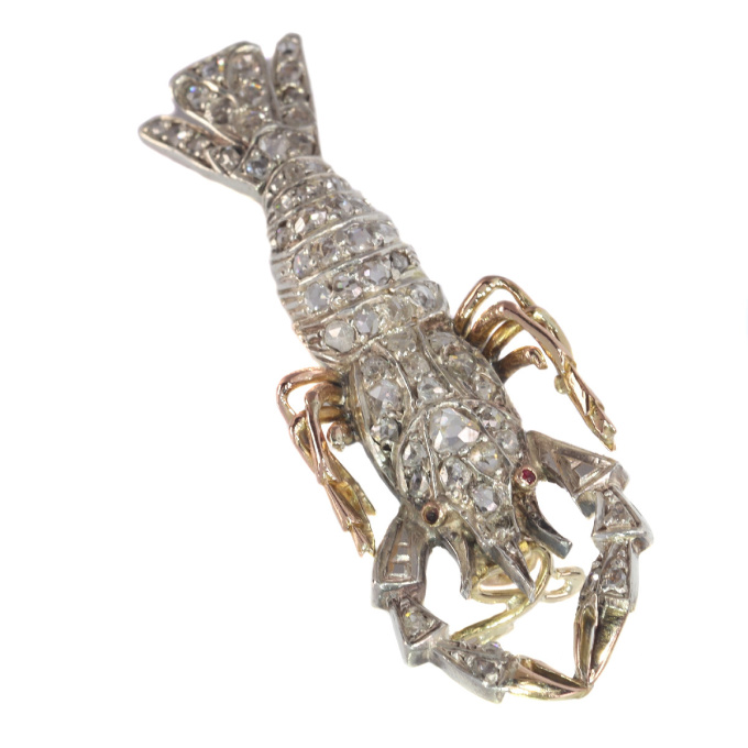 Antique gold and silver crayfish brooch fully embelished with rose cut diamonds by Artista Desconocido