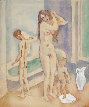 Mother with two children in bathroom by Jan Sluijters