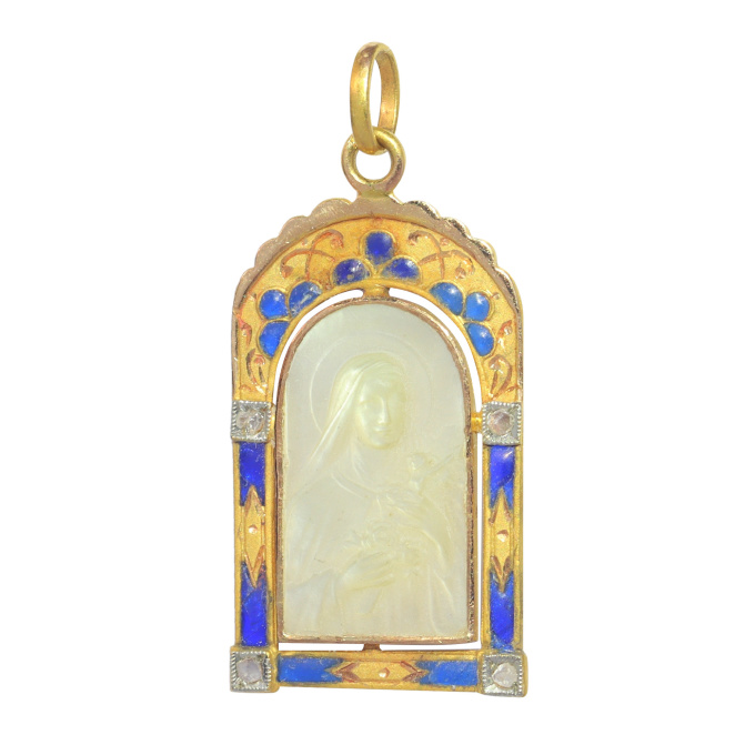 Vintage antique 18K gold mother-of-pearl medal Mother Mary with the miracle of the roses - set with diamonds and plique-a-jour enamel by Unbekannter Künstler