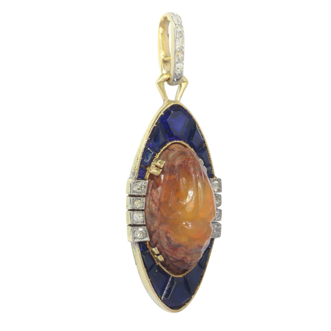 Vintage antique Art Deco neo-Egptian scarab pendant with diamonds sapphires and a Carrera fire opal by Artista Desconocido