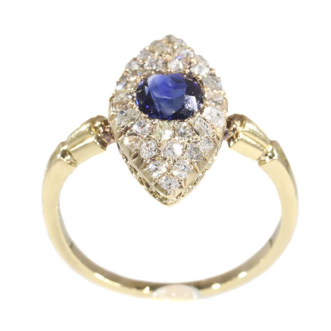 Early Victorian diamond and natural vivid blue sapphire engagement ring by Artiste Inconnu