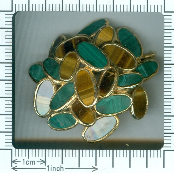 Vintage Sixties pop-art gold brooch set with malachite and tiger eye by Unknown artist