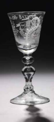 Glass with engraving of an Indiaman and text “WELLE KOM OP BATAVIA” by Unknown artist