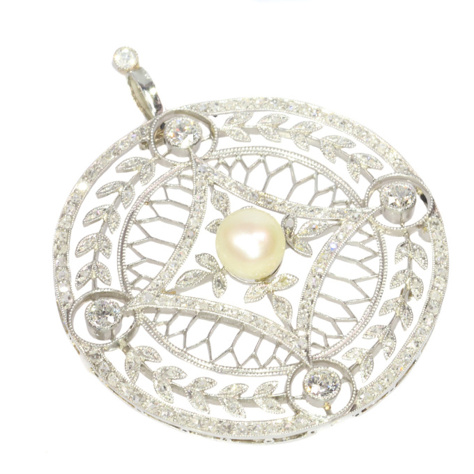 Vintage Edwardian diamond and pearl pendant set with 125 diamonds by Unknown artist