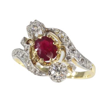 Vintage French Belle Epoque diamond and natural ruby cross-over engagement ring by Unknown Artist