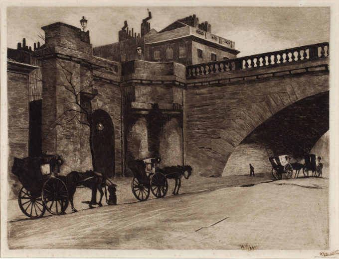 Waiting carriages in front of Waterloo Bridge by Willem Witsen
