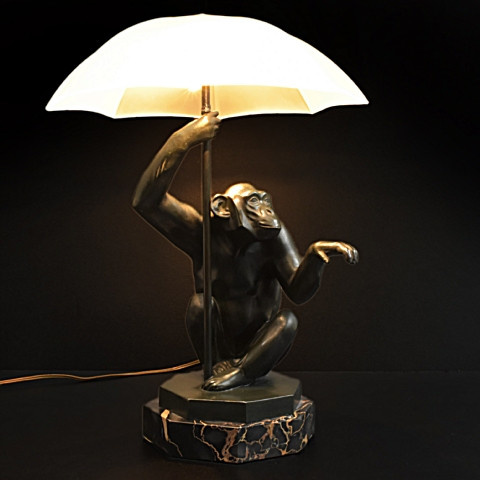 Tablelamp art deco monkey with umbrella by Max Verrier (Artus)