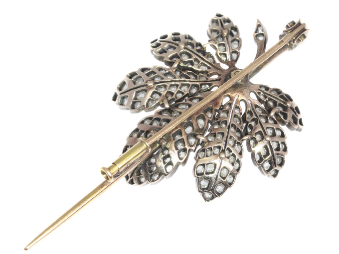 French Antique Victorian brooch chestnut leaf completely diamond covered by Artiste Inconnu
