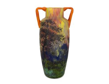 Daum Nancy – “Paysage Soleil Couchant” vase with two applied handles by Frères Daum