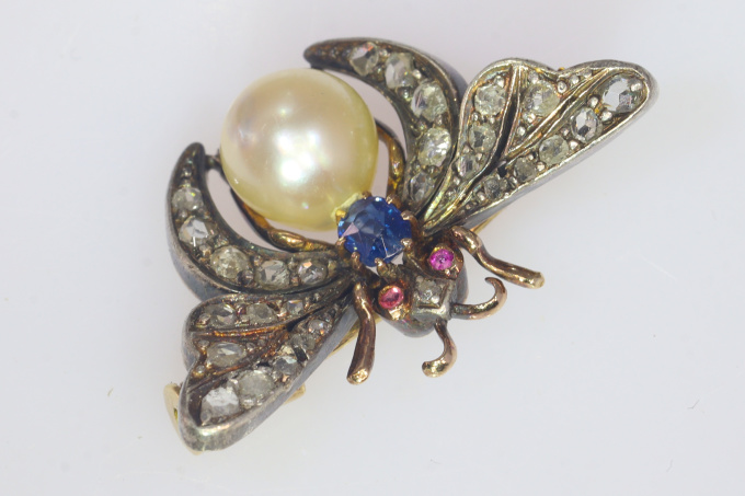 Vintage antique diamond and pearl insect brooch by Onbekende Kunstenaar