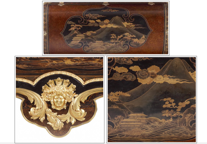An impressive and large Japanese transition-style lacquer coffer with fine gilt copper mounts, on French Régence base part possibly by André-Charles Boulle (1642-1732) by Artiste Inconnu