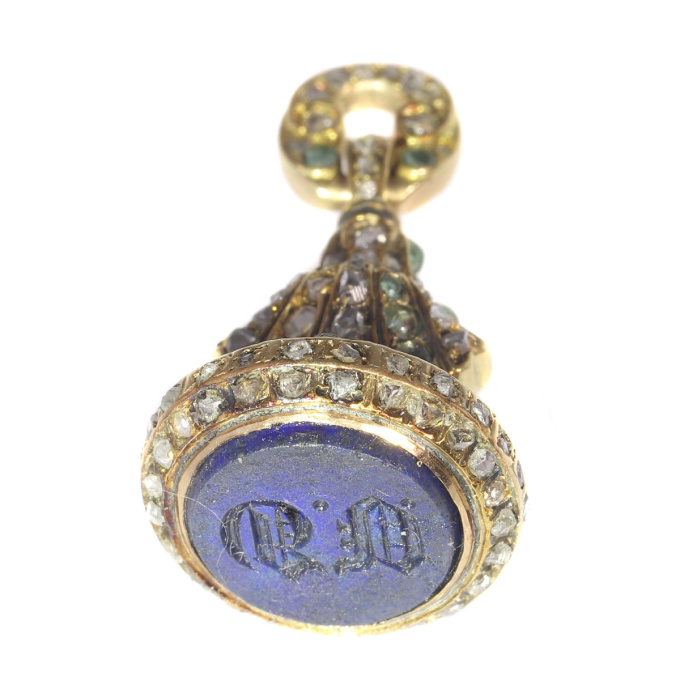 Victorian gold seal with 150 rose cut diamonds 31 emeralds and one lapis lazuli by Artista Sconosciuto