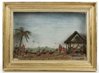 A unique diorama depicting Carib Indigenous at the river side by Artista Desconocido