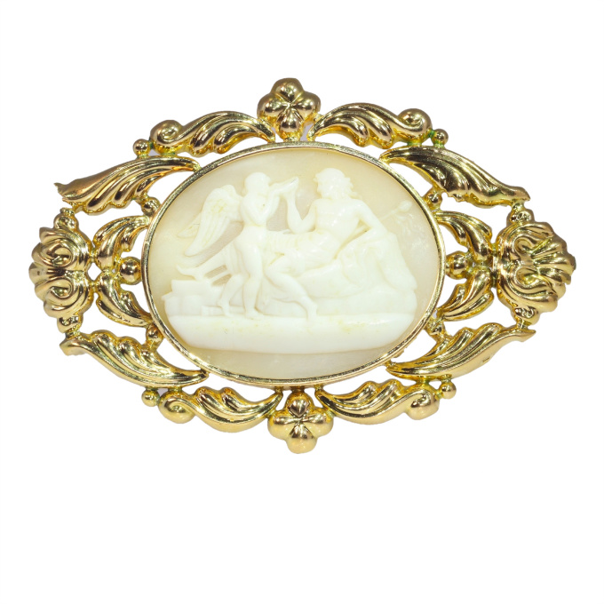 Antique 18K gold mounted cameo representing Bacchus offering Cupid a cup of wine, after Bertel Thorvaldsen by Unknown Artist