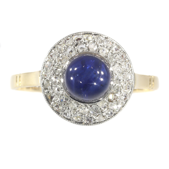 Vintage Art Deco diamond and high domed cabochon sapphire ring by Artista Sconosciuto