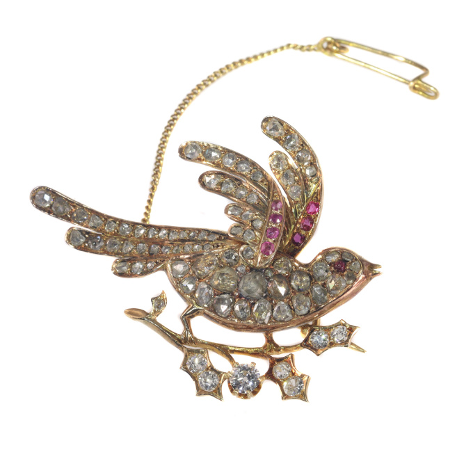 Vintage antique Victorian gold bird of paradise brooch set with 81 diamonds by Artista Sconosciuto
