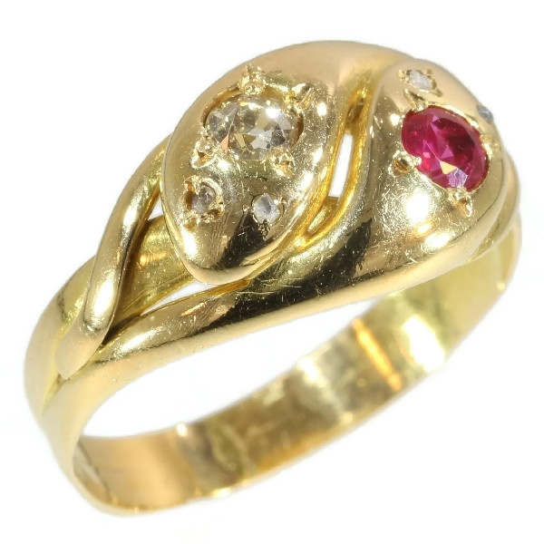 Victorian antique ring two intertwined snakes with ruby and diamonds by Artiste Inconnu