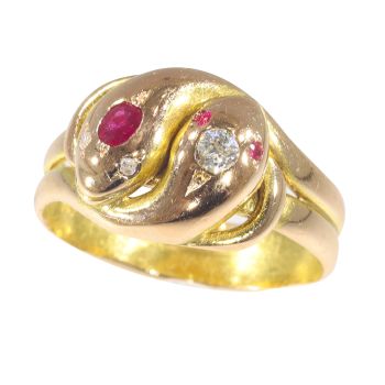 Vintage antique 18K gold double snake ring set with diamonds and rubies by Unknown Artist