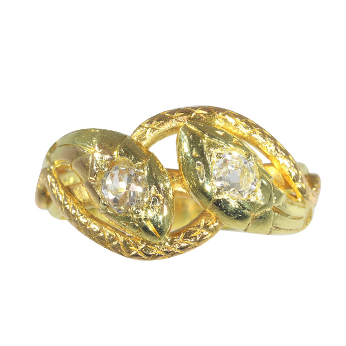 Vintage antique 18K gold double headed diamond snake ring by Artista Sconosciuto