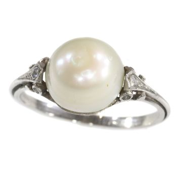 Vintage platinum ring with big pearl and rose cut diamonds by Unknown Artist