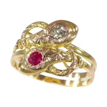 Vintage antique 18K gold snake ring with diamond and ruby by Artiste Inconnu
