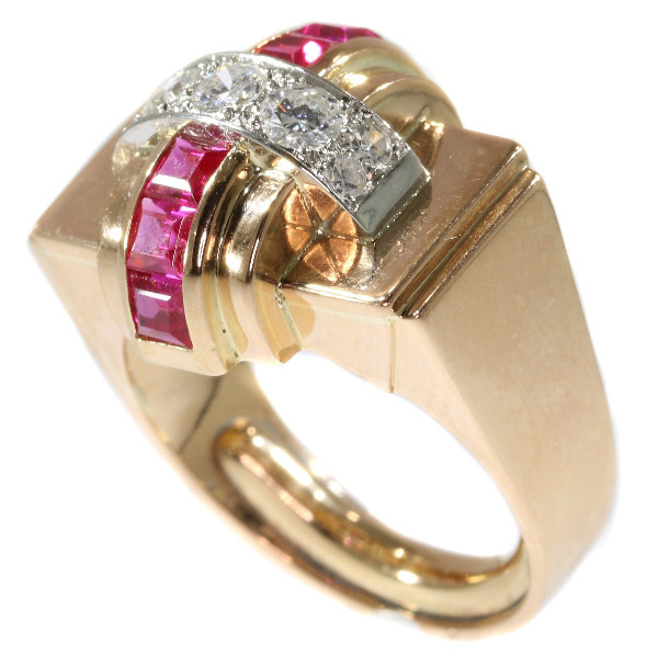 Stylish Retro red gold Cocktail ring with diamonds and rubies by Onbekende Kunstenaar