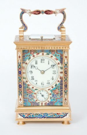 A French gilt brass cloisonne enamel carriage clock with grande sonnerie and alarm, circa 1890 by Onbekende Kunstenaar