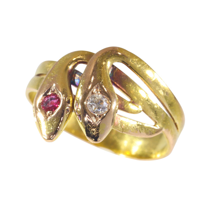 Vintage antique 18K gold double snake ring with diamond and ruby by Unknown artist