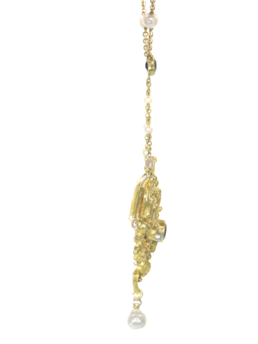 Late Victorian French gold pendant on chain with diamonds sapphires and pearls by Unknown artist