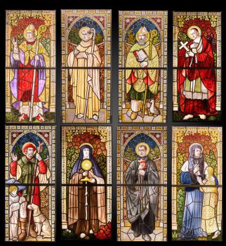 EIGHT NEO-GOTHIC STAINED GLASS WINDOWS WITH SUSPENSION EYELET, 19th C, BELGIUM. by Artista Sconosciuto