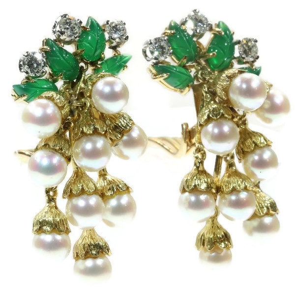 French estate gold and platinum diamond and pearl earrings with green leaves by Artiste Inconnu