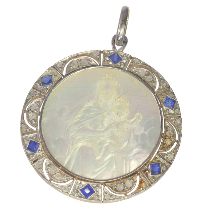 Vintage 1920's Edwardian - Art Deco diamond and sapphire Mother Mary and baby Jesus medal by Artista Desconhecido