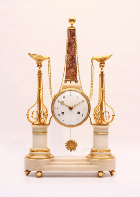 A French Louis XVI portico mantel clock with obelisk, circa 1780 by Unknown artist