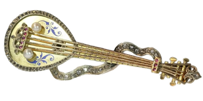 Russian antique brooch mandoline or domra with rose cut diamonds and enamel by Unknown Artist
