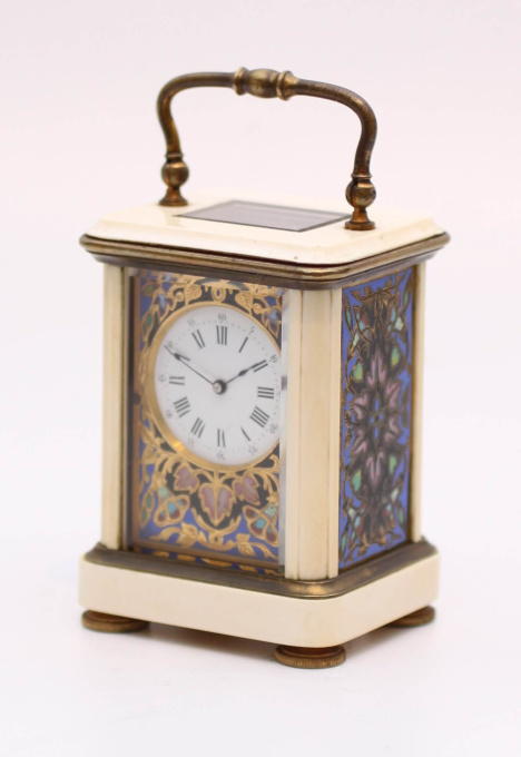 A miniature French cloisonne and ivory carriage timepiece, circa 1880 by Onbekende Kunstenaar