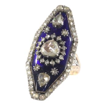 Magnificent Victorian rose cut diamond ring with blue enamel by Unknown Artist
