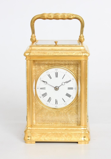 A French engraved gilt brass gorge case carriage clock, circa 1870 by Artista Sconosciuto