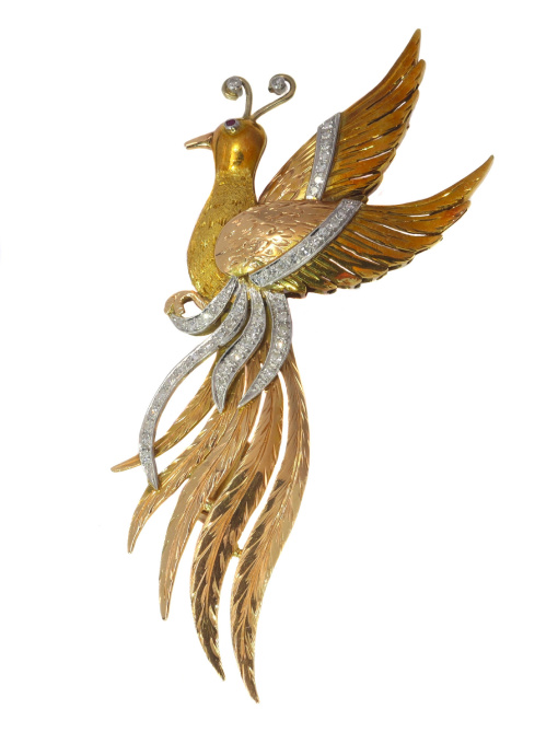 Vintage Fifties multi color gold bird of paradise brooch set with diamonds by Unknown Artist