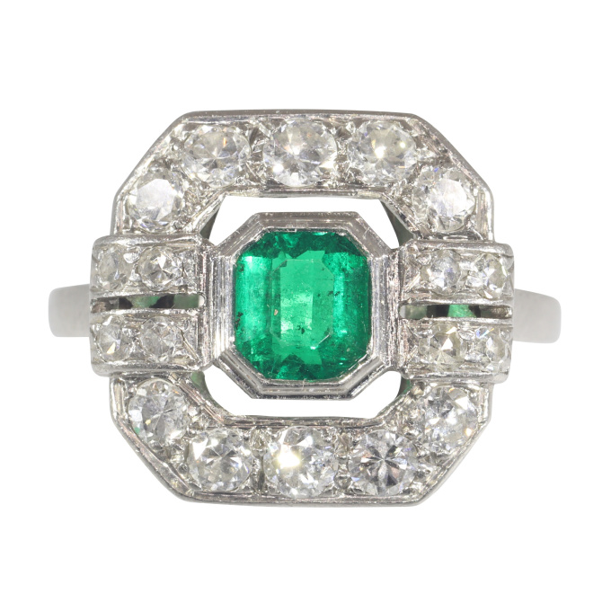 French estate engagement ring platinum diamonds and Brasilian emerald by Artista Sconosciuto