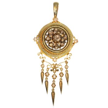 Antique rose cut diamonds and pearl enameled pendant both brooch and pendant by Unknown Artist