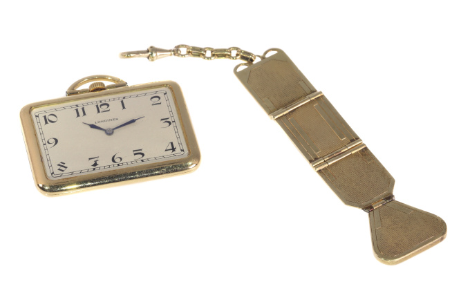 Rare vintage Art Deco rectangular 18K gold Longines pocket watch with matching fob by Unknown artist
